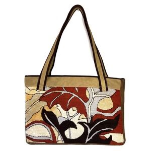 70's Needlepoint HandBag Tote Hinge Closure Talon Zip Side Rectangle Brown